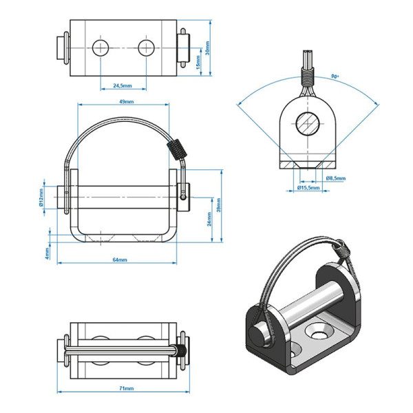 Support pour charnière ridelle 12mm SPP UZ-02A V.1